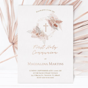 roze gouden details Eerste Communie boho bloemen Folie Uitnodiging