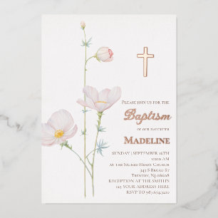 roze gouden details wilde bloemen krans Doop Folie Uitnodiging