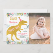 Roze Gouden Dinosaurus Drie Rex Verjaardag Kaart (Voorkant)