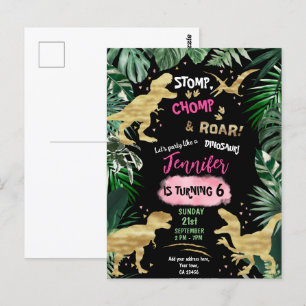 Roze & Gouden Dinosaurus Safari Verjaardagsuitnodi Briefkaart