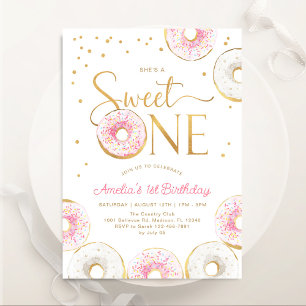 Roze Gouden Donuts Sweet Een 1e Verjaardag Kaart