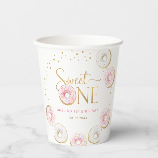Roze Gouden Donuts Sweet Een 1e Verjaardag Papieren Bekers (Voorkant)
