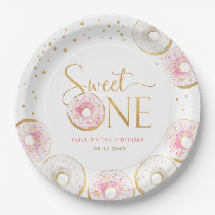 Roze Gouden Donuts Sweet Een 1e Verjaardag Papieren Bordje