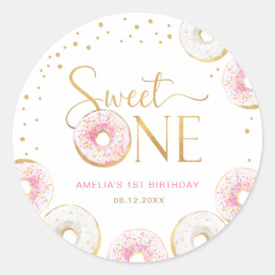 Roze Gouden Donuts Sweet Een 1e Verjaardag Ronde Sticker