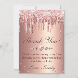 Roze Gouden Drip Glitter & Diamanten Verjaardag Bedankkaart