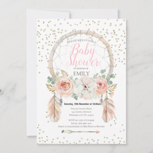 Roze Gouden Droomvanger Boho Uitnodiging (Voorkant)