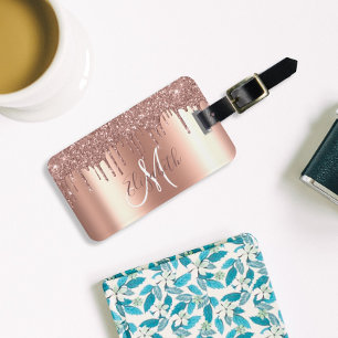 Roze Gouden Druppels Glitter Metaal Monogram Bagag Bagagelabel