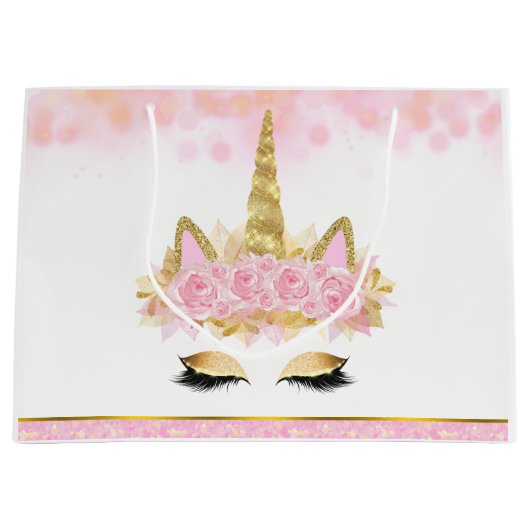 Roze Gouden Eenhoorn Baby shower Groot Cadeauzakje (Voorkant)