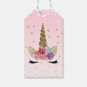 Roze Gouden Eenhoorn Bloem Hoorn Verjaardagsfeest Cadeaulabel