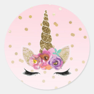 Roze Gouden Eenhoorn Bloem Hoorn Verjaardagsfeest  Ronde Sticker