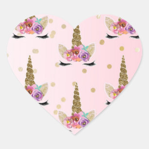 Roze & Gouden Eenhoorn Bloemen Hoorn Verjaardagsfe Hart Sticker