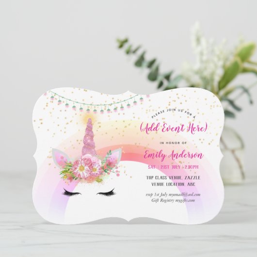 Roze Gouden Eenhoorn Gezicht Uitnodigingen ELKE GE (Staand voorkant)