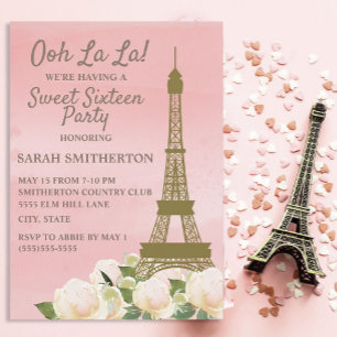 Roze Gouden Eiffeltoren Witte Bloem Sweet 16 Kaart