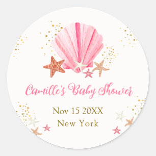 Roze Gouden Elegante Zeester Schelp Baby Shower Ronde Sticker
