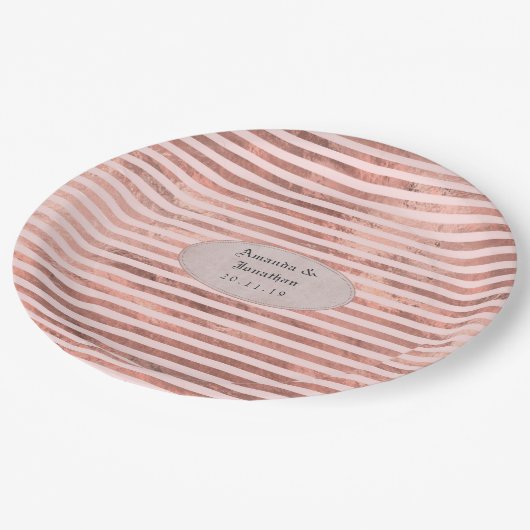 Roze Gouden en Blush Folie Strepen Bruiloft Papieren Bordje (Gekanteld)