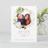 Roze Gouden en Blush Geometrische Groene Bloemen B Save The Date (Staand voorkant)