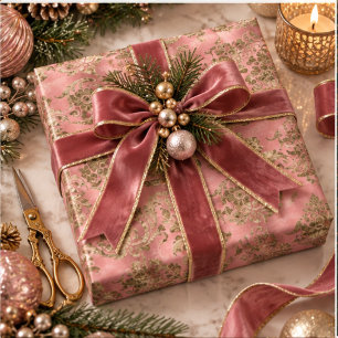 Roze & Gouden Fluwelen Damast Kerststuk Cadeaupapier