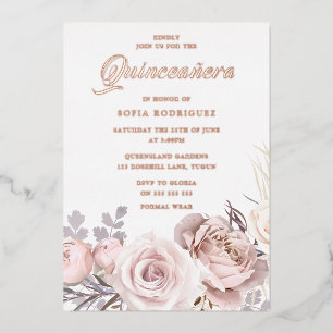 Roze Gouden Folie Blush Bloemen Quinceanera Feest  Uitnodiging