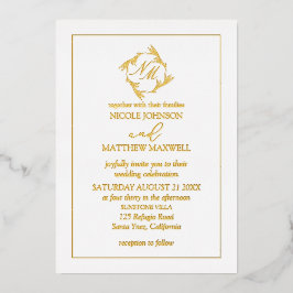 Roze Gouden Folie Krans Monogram Trouw Uitnodiging