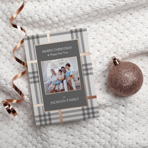 Roze Gouden Folie Plaid Kerst Foto Kerstkaart Feestdagenkaart