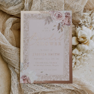 Roze Gouden Folie Vintage Blush Bloemrijke Bruilof Uitnodiging
