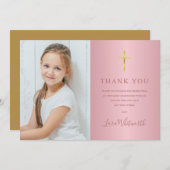 Roze Gouden Foto Eerste Heilige Communie Bedankkaart (Voorkant / Achterkant)