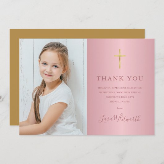 Roze Gouden Foto Eerste Heilige Communie Bedankkaart (Voorkant / Achterkant)