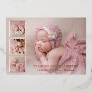 Roze Gouden Fotocollage Meisje Geboorteaankondigin Folie Uitnodiging