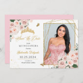 Roze & Gouden Fotokaart Quinceañera Sla de datum o Kaart (Voorkant / Achterkant)