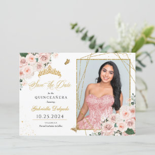 Roze & Gouden Fotokaart Quinceañera Sla de datum o Kaart