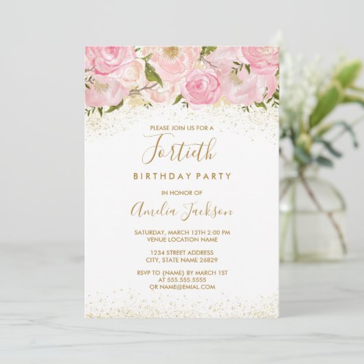 Roze Gouden Glamour Roos 40e Verjaardags Uitnodigi Kaart (Staand voorkant)