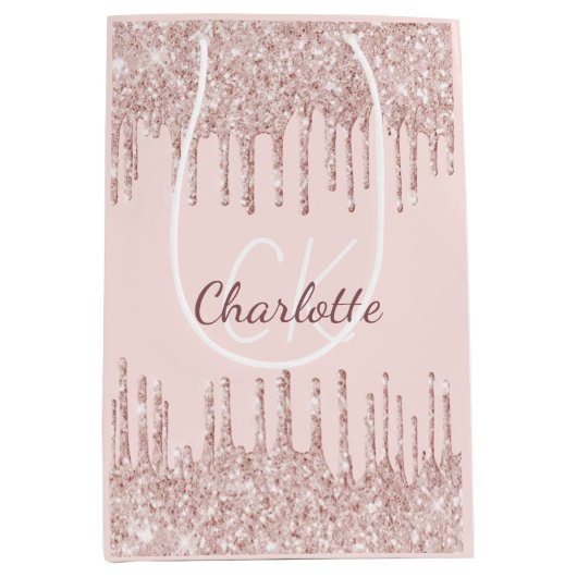 Roze gouden glinster druppels luxe monogram medium cadeauzakje (Voorkant)