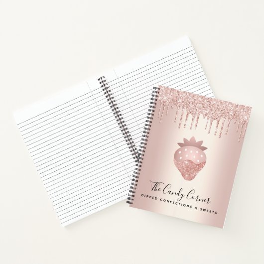 Roze gouden glinsterdruppels aardbeien-snoepje notitieboek (Binnen)