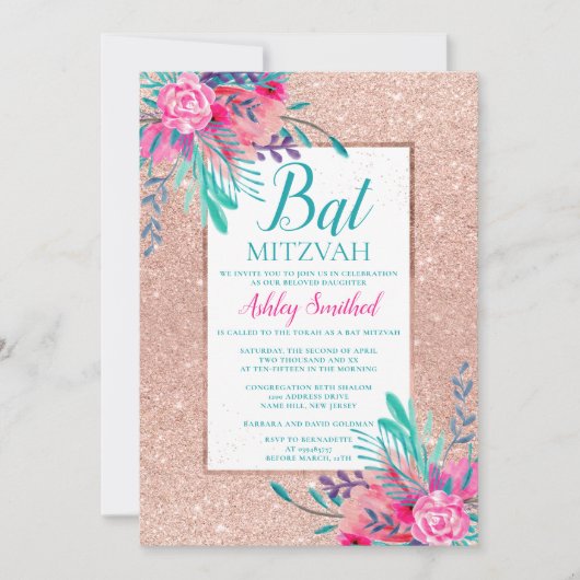 Roze gouden glinsterende bloemige waterverf Bat Mi Kaart (Voorkant)