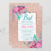 Roze gouden glinsterende bloemige waterverf Bat Mi Kaart (Voorkant / Achterkant)