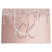 Roze gouden glinsterende druppels monogram schrift groot cadeauzakje (Voorkant)