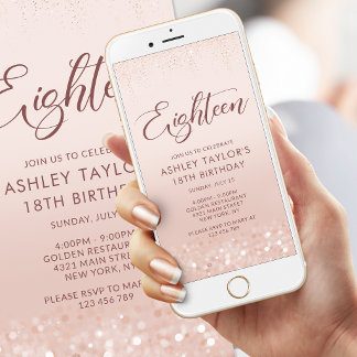 Roze Gouden Glitter 18e Verjaardag Mobiele Uitnodi Aankondiging