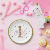 Roze & Gouden Glitter 1 1 1e Verjaardagsfeest Papieren Bordje (Feest)