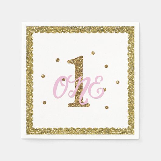 Roze & Gouden Glitter 1 1 1e Verjaardagsfeest Servet (Voorkant)