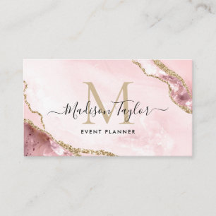 Roze Gouden Glitter Agaat Monogram Event Planner Visitekaartje