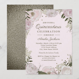 Roze Gouden Glitter Bloemachtige Quinceanera Kaart