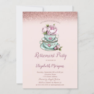 Roze Gouden Glitter Bloemige Theekop Uitdiensttred Kaart