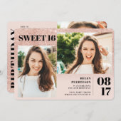Roze gouden glitter blush 3 foto's Sweet 16 verjaa Kaart (Voorkant / Achterkant)