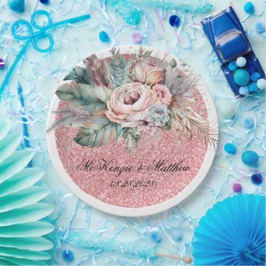 Roze Gouden Glitter Boho Bloemen Veren Bruiloft Papieren Bordje (Feest)