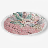 Roze Gouden Glitter Boho Bloemen Veren Bruiloft Papieren Bordje (Gekanteld)