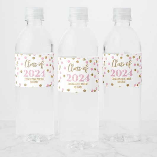 Roze Gouden Glitter Confetti Afstuderen Waterfles Etiket (Flessen)