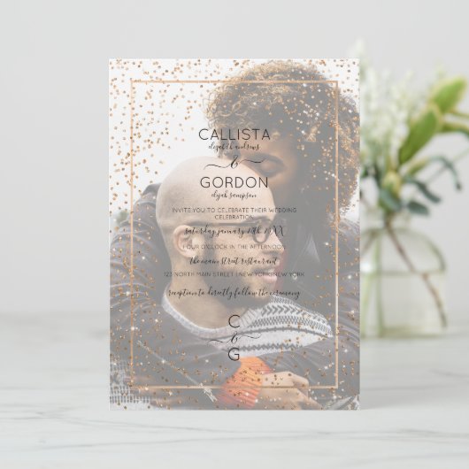 Roze Gouden Glitter Confetti Border Fotobruiloft Kaart (Staand voorkant)