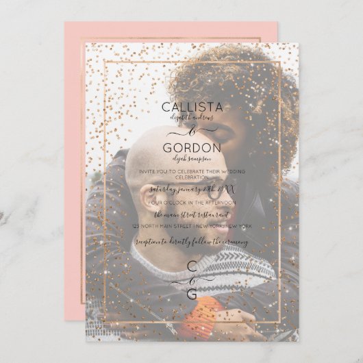 Roze Gouden Glitter Confetti Border Fotobruiloft Kaart (Voorkant / Achterkant)