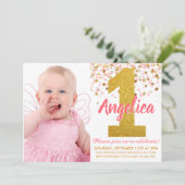Roze Gouden Glitter Confetti Eerste Verjaardagsfot Kaart (Staand voorkant)