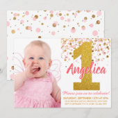 Roze Gouden Glitter Confetti Eerste Verjaardagsfot Kaart (Voorkant / Achterkant)